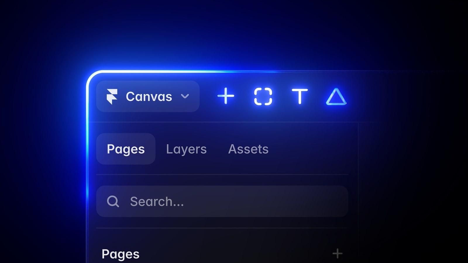 Framer 3.0 全新介面，深色畫布配上藍色發光邊框，Canvas 工具列與 Pages、Layers、Assets 分頁