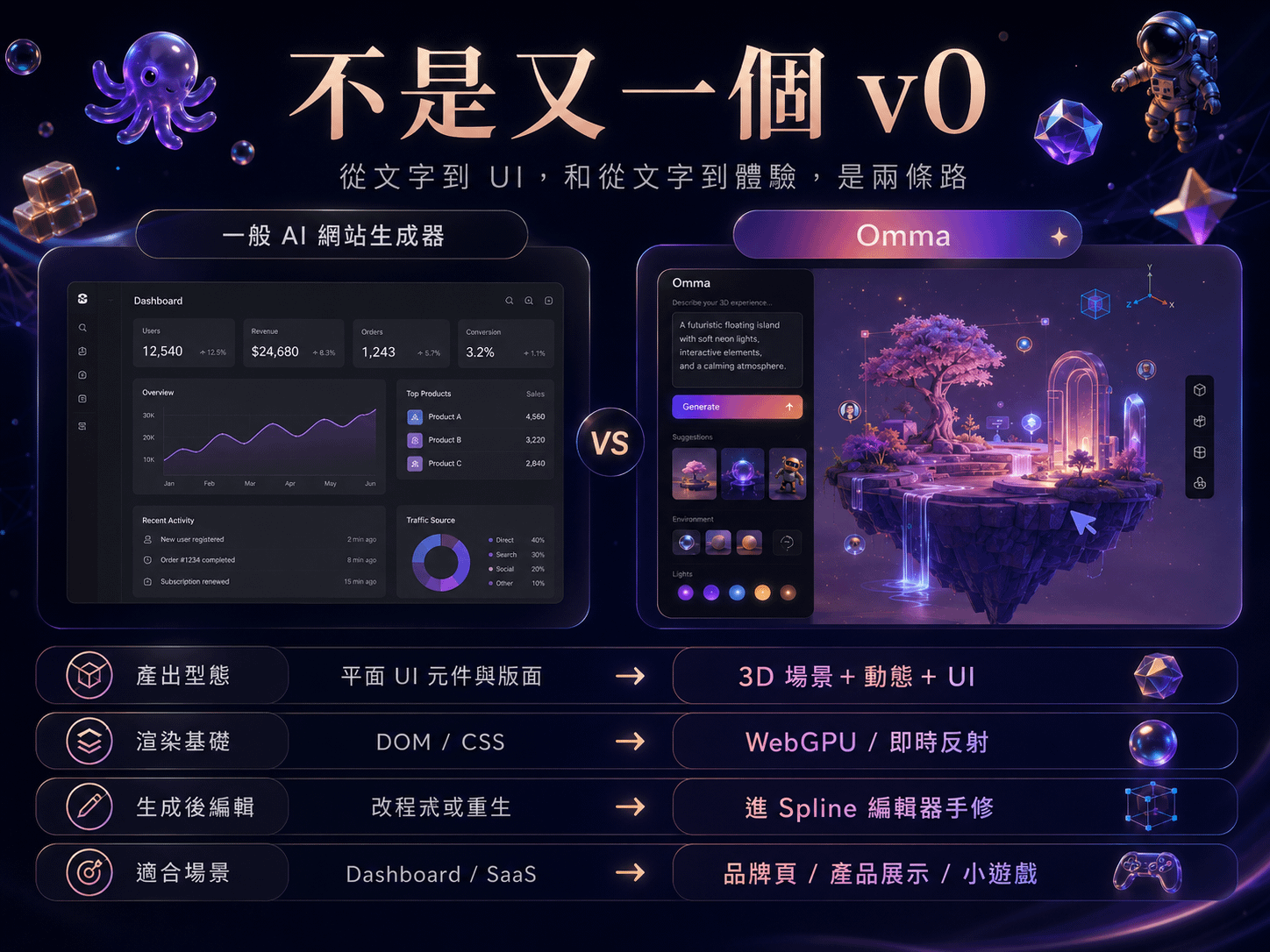 一般 AI 網站生成器與 Omma 的對照圖：產出型態、渲染基礎、生成後編輯、適合場景四個面向的差異，左邊是平面 dashboard，右邊是 3D 互動場景
