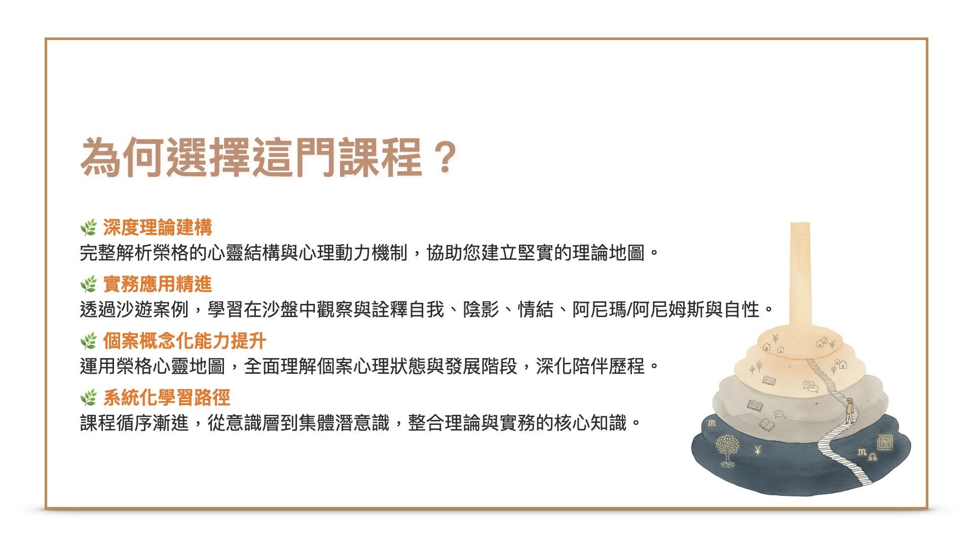 為何選擇這門課程?1.深度理論建構-完整解析榮格的心靈結構與心理動力機制,協助您建立堅實的理論地圖。2.實務應用精進-透過沙遊案例,學習在沙盤中觀察與詮釋自我、陰影、情結、阿尼瑪/阿尼姆斯與自性。3.個案概念化能力提升-運用榮格心靈地圖,全面理解個案心理狀態與發展階段,深化陪伴歷程。 4.系統化學習路徑-課程循序漸進,從意識層到集體潛意識,整合理論與實務的核心知識。