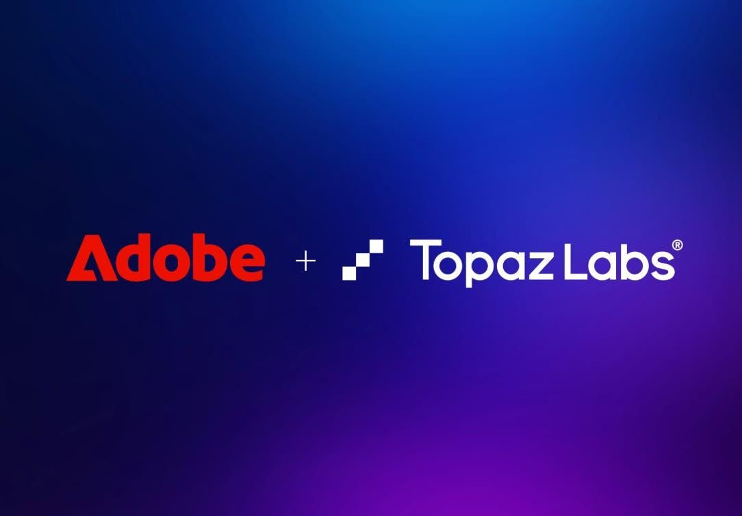 Adobe 與 Topaz Labs 的品牌標誌並列在藍紫色漸層背景上,代表 Adobe 宣布收購 AI 影像增強公司 Topaz Labs