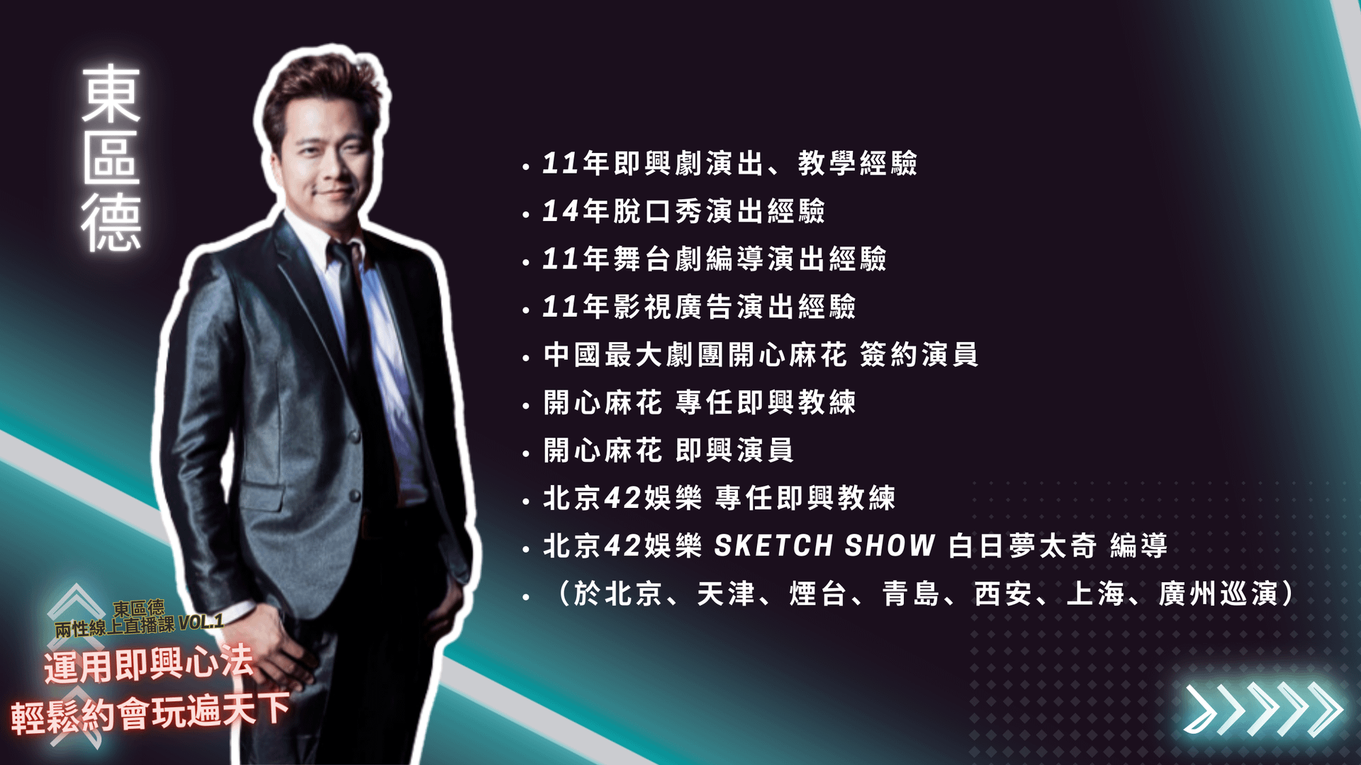 【東區德在台灣、中國各地教授即興表演課程】曾指導 百靈果凱、KEN、賀瓏、琳妲、超粒方、貝克書。 知名演員陳大天、黄沐妍、壯壯、夏大寶也一致大力推薦! 【東區德曾向多位國內外即興教練學習、合作演出】 美國芝加哥即興劇團 THE SECOND CITY 資深教練群: ANTHONY LEBLANC 藝術總監 RYAN BERNIER 明星導演 SAM SUPER 即興教練 JAY STEIGMANN 喜劇編導 美國洛杉磯即興劇團 UCB 資深教練群: DREW DIFONZO MARKS / TONI CHARLINE 台灣即興劇資深教練群: 歐耶/95塊 / 勇氣即興 •11年即興劇演出、教學經驗 •14年脫口秀演出經驗 • 11年舞台劇編導演出經驗 • 11年影視廣告演出經驗 • 中國最大劇團開心麻花 簽約演員 • 開心麻花 專任即興教練 •開心麻花 即興演員 •北京42娛樂 專任即興教練 •北京42娛樂 SKETCH SHOW 白日夢太奇 編導 •(於北京、天津、煙台、青島、西安、上海、廣州巡演)