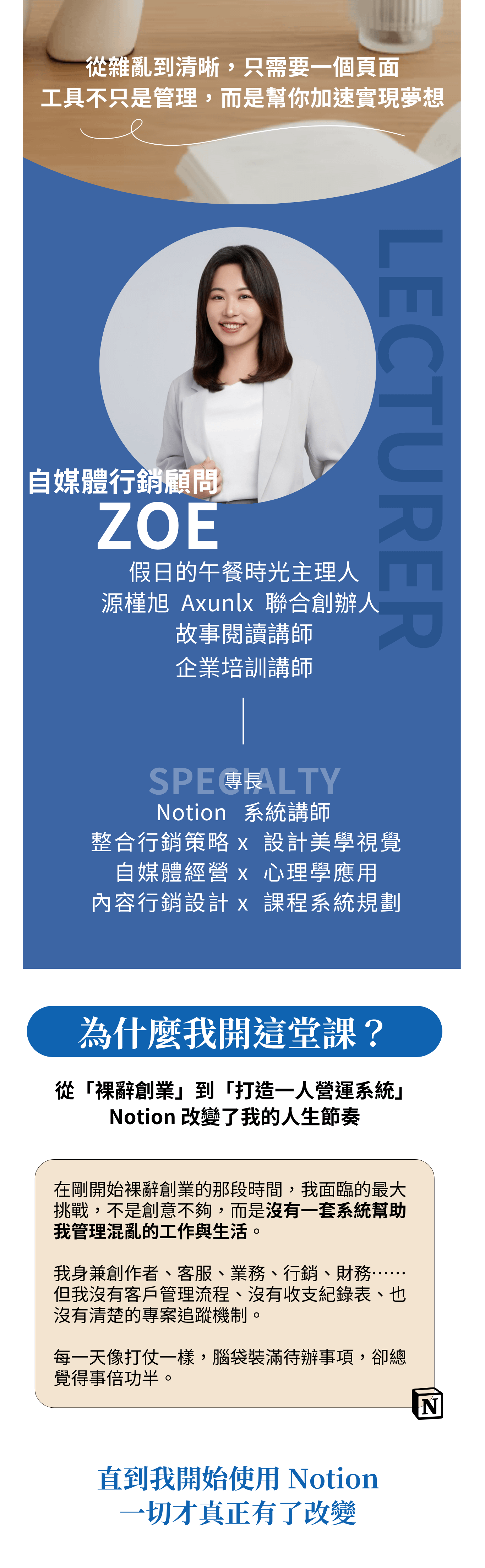 ### 我為什麼要教這堂課的初衷  在我剛裸辭創業的那段時間，其實是很混亂的。  沒有團隊、沒有制度，也沒有一套可以幫助我整理「接了哪些客戶」「錢從哪裡來、花到哪裡去」「每一個專案進度到哪了」的系統。  一個人身兼創作者、客服、業務、行銷、財務，所有事情都在腦中打結，也因此效率低落、錯漏百出。  直到我接觸了 Notion，這一切開始有了轉變。  我花了很多時間摸索怎麼用 Notion 建立屬於自己的工作系統，從最初的專案追蹤、報價紀錄、客戶名單管理，到後來的收支分析、課程進度規劃、內容排程……  一步步架構出「就算你是一人公司，也能像一個團隊一樣高效運作」的創業管理系統。  這個課程，不是單純教你 Notion 的功能操作，而是想帶你看見：  如何把這個工具，變成你創業路上最可靠的戰友。  如果你正打算開始賺錢、接案、創業，卻不知道如何管理一切，這堂課會讓你少走很多冤枉路。  更重要的是，Notion 也幫助我養成紀律、建立節奏，讓我每天都更清楚知道：**我該做什麼、為了什麼而做、怎麼做更有效。**  自從我使用Notion之後，不管事我的進修計畫，還是我的財富更穩定更清楚。賺到了人生第一桶金  我也會在課程中教你如何結合 ChatGPT，讓你在資料整理、內容生成、思路清晰上，事半功倍。這是我每天都在用、而且真正能幫助我穩定收入與工作品質的方式。  這不只是一堂工具課，更是一場讓你「開始掌握人生節奏」的行動。