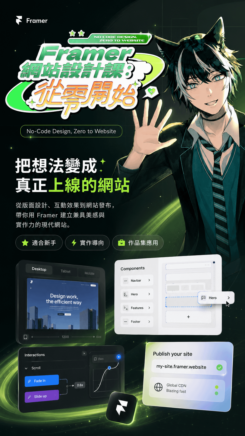 Framer 網站設計課特色:適合新手、實作導向、作品集應用