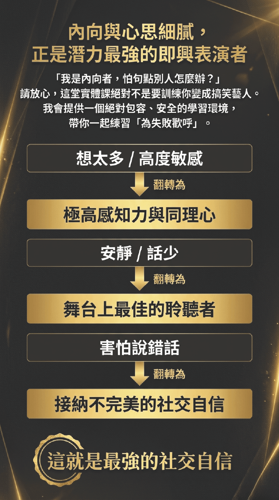 內向與心思細膩， 正是潛力最強的即興表演者「我是內向者，怕句點別人怎麼辦？」 請放心，這堂實體課絕對不是要訓練你變成搞笑藝人。 我會提供一個絕對包容、安全的學習環境，帶你一起練習「為失敗歡呼」。 想太多/高度敏感 翻轉為 極高感知力與同理心 安靜/話少 翻轉為 舞台上最佳的聆聽者 害怕說錯話 翻轉為 接納不完美的社交自信 這就是最強的社交自信
