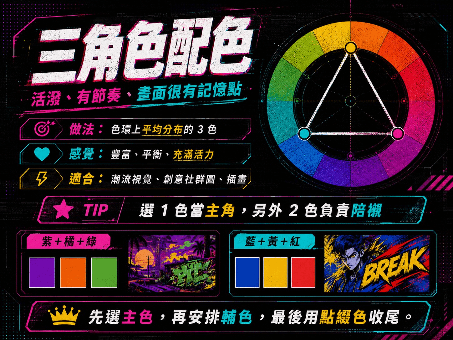 三角色配色:色環上平均分布的 3 色,活潑、有節奏、畫面很有記憶點