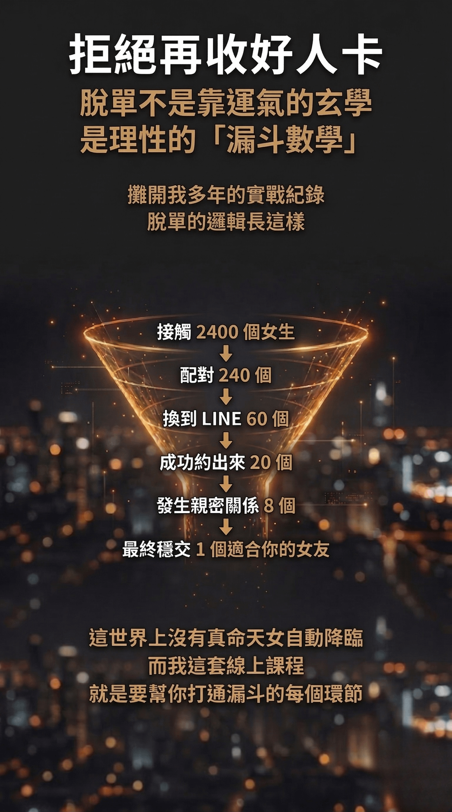 拒絕再收好人卡脫單不是靠運氣的玄學是理性的「漏斗數學」攤開我多年的實戰紀錄 脫單的邏輯長這樣 接觸2400個女生 配對240個 換到 LINE 60個成功約出來20個 發生親密關係8個 最終穩交 1個適合你的女友 這世界上沒有真命天女自動降臨而我這套線上課程 就是要幫你打通漏斗的每個環節