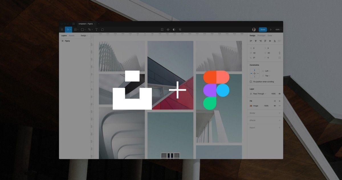 Unsplash for Figma plugin 介面截圖：Figma 工作區內顯示 Unsplash logo 與建築攝影圖庫拼貼