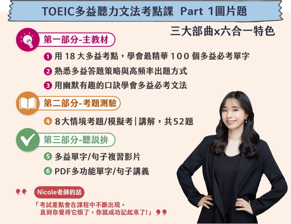 多益TOEIC聽力文法考點課Part 1(課程&題庫)－三大部曲 × 六合一特色