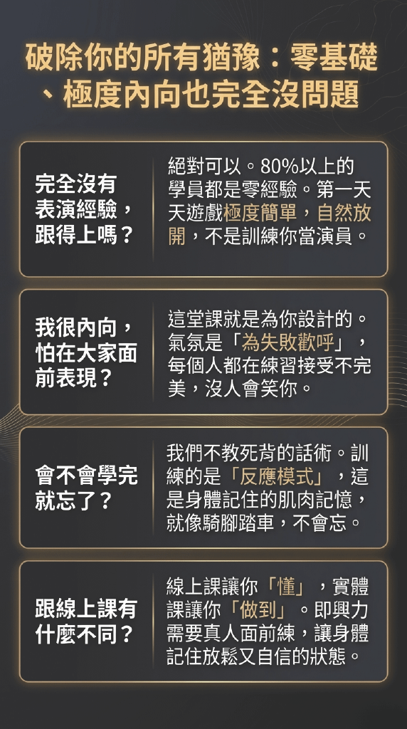 破除你的所有猶豫：零基礎、極度內向也完全沒問題 完全沒有表演經驗，跟得上嗎？ 絕對可以。80%以上的學員都是零經驗。第一天天遊戲極度簡單，自然放開，不是訓練你當演員。 我很內向，怕在大家面前表現？ 會不會學完就忘了？ 跟線上課有什麼不同？ 這堂課就是為你設計的。 氣氛是「為失敗歡呼」，每個人都在練習接受不完美，沒人會笑你。 我們不教死背的話術。訓練的是「反應模式」，這是身體記住的肌肉記憶，就像騎腳踏車，不會忘。 線上課讓你「懂」，實體課讓你「做到」。即興力需要真人面前練，讓身體記住放鬆又自信的狀態。