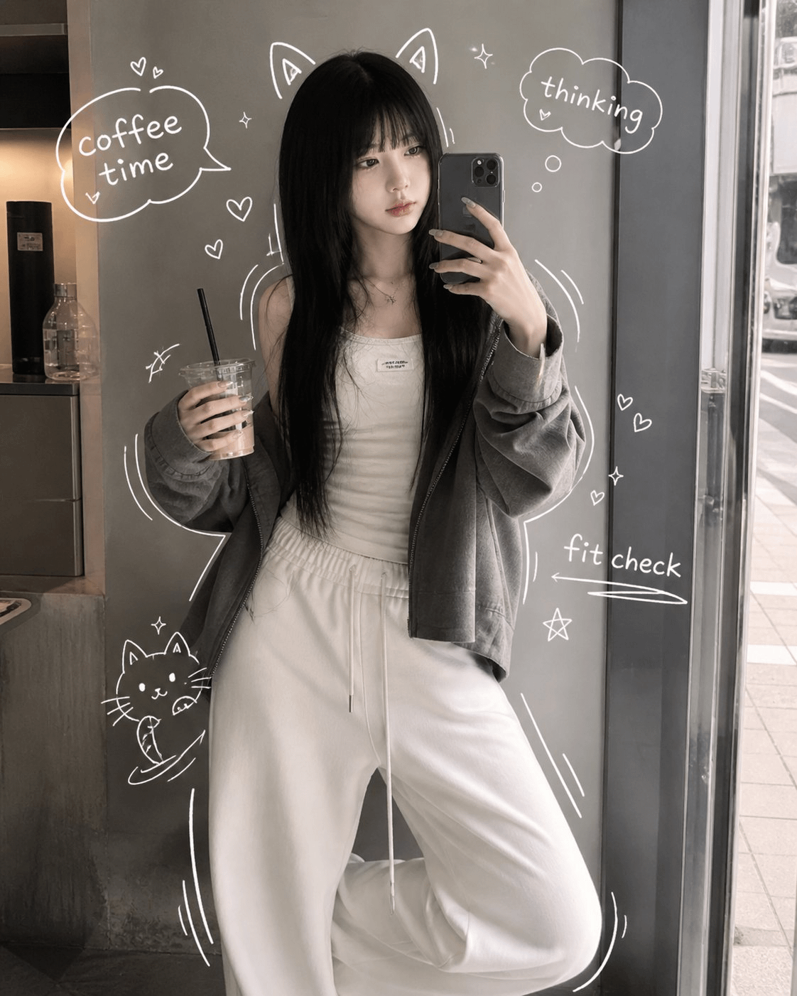 ChatGPT Image 2 後製手寫塗鴉註記 prompt 範例 — 散文敘述版本，年輕女子鏡子自拍照被加上 coffee time、fit check、thinking 英文塗鴉與貓耳箭頭