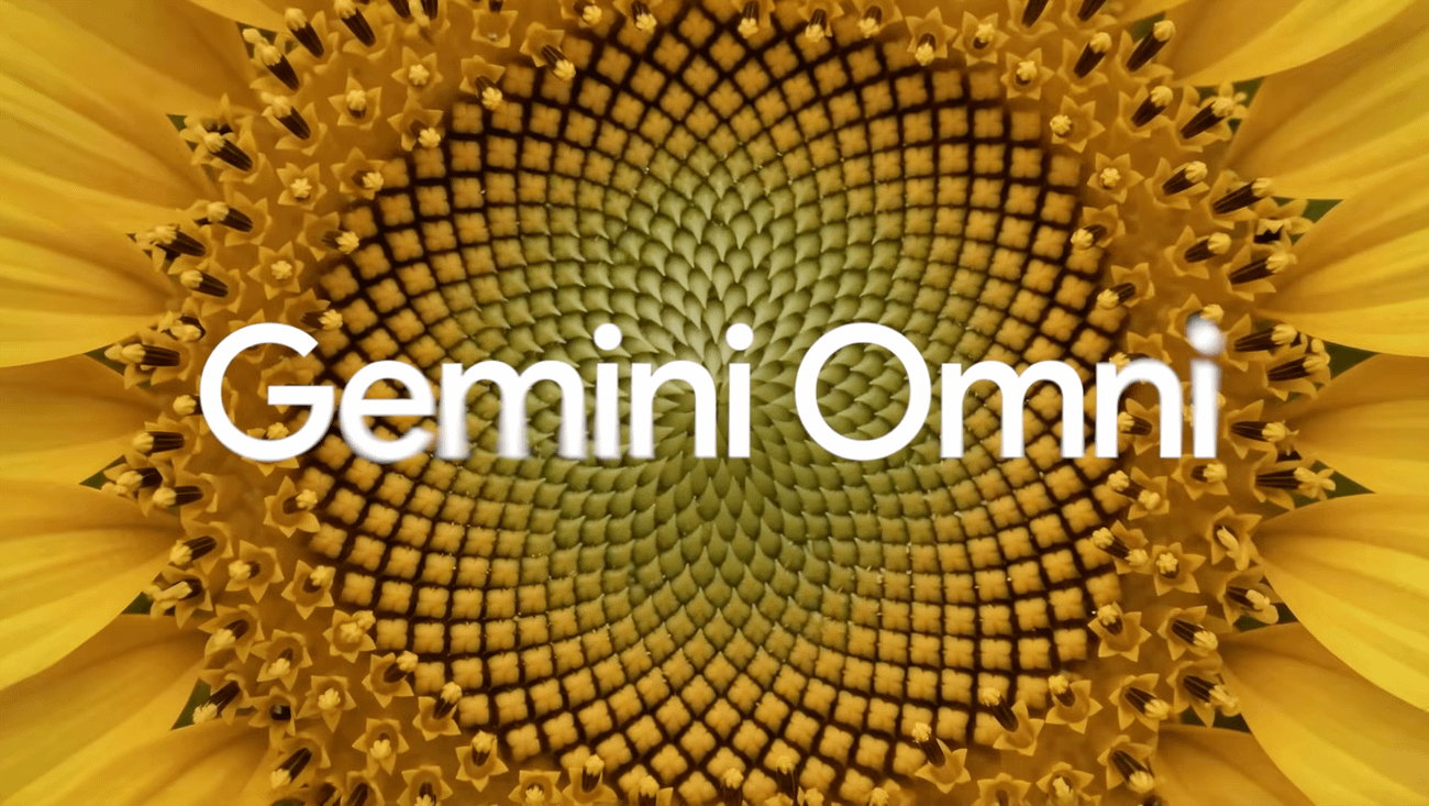 Gemini Omni 官方主視覺,向日葵花心的螺旋幾何圖樣,中央疊上 Gemini Omni 字樣