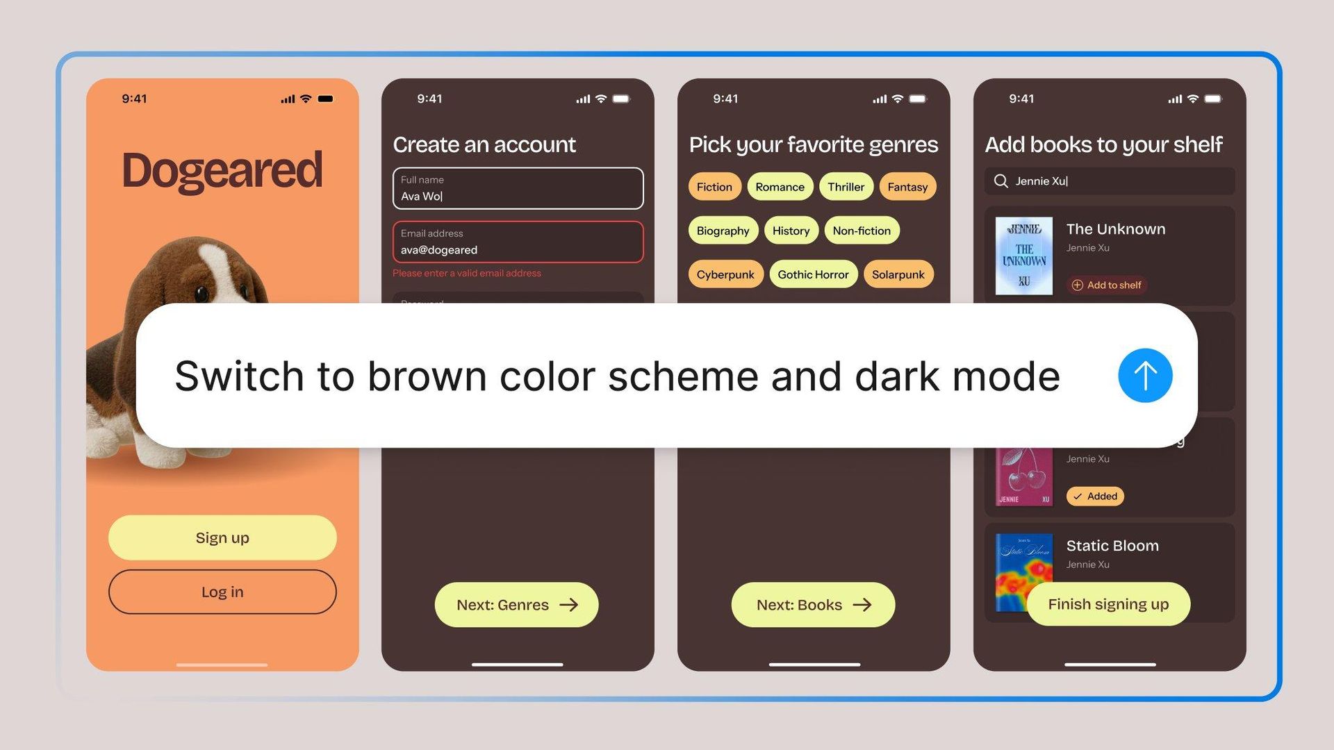 Figma Agent 在 canvas 上編輯一組閱讀 App 的註冊引導流程,畫面上有四張手機稿與一句提示:Switch to brown color scheme and dark mode