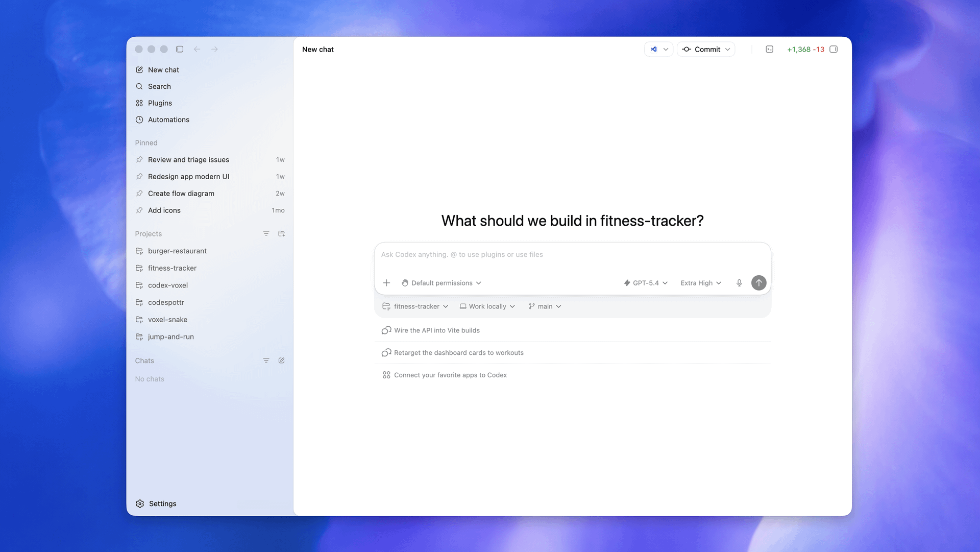 OpenAI Codex 桌面應用程式介面截圖，左側顯示專案清單與 Pinned 任務，右側為 New Chat 視窗