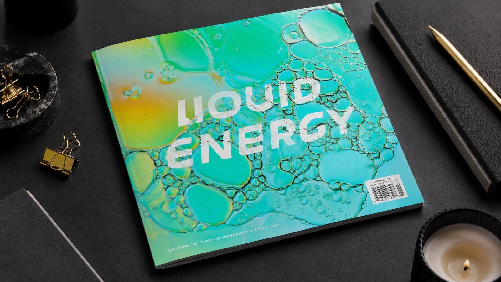 Photoshop 移置濾鏡教學封面:青綠色油水氣泡雜誌封面,白色 LIQUID ENERGY 文字跟著氣泡輪廓扭曲變形