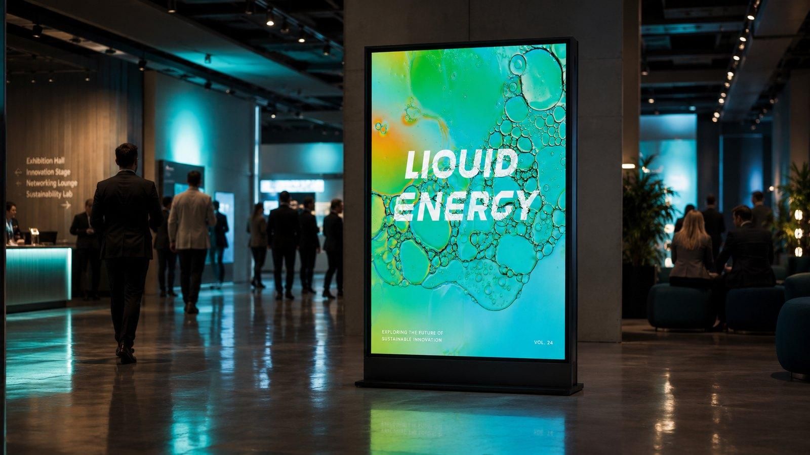 移置文字效果應用於展場立牌:科技展會場中的直立式數位看板,青綠色氣泡主視覺