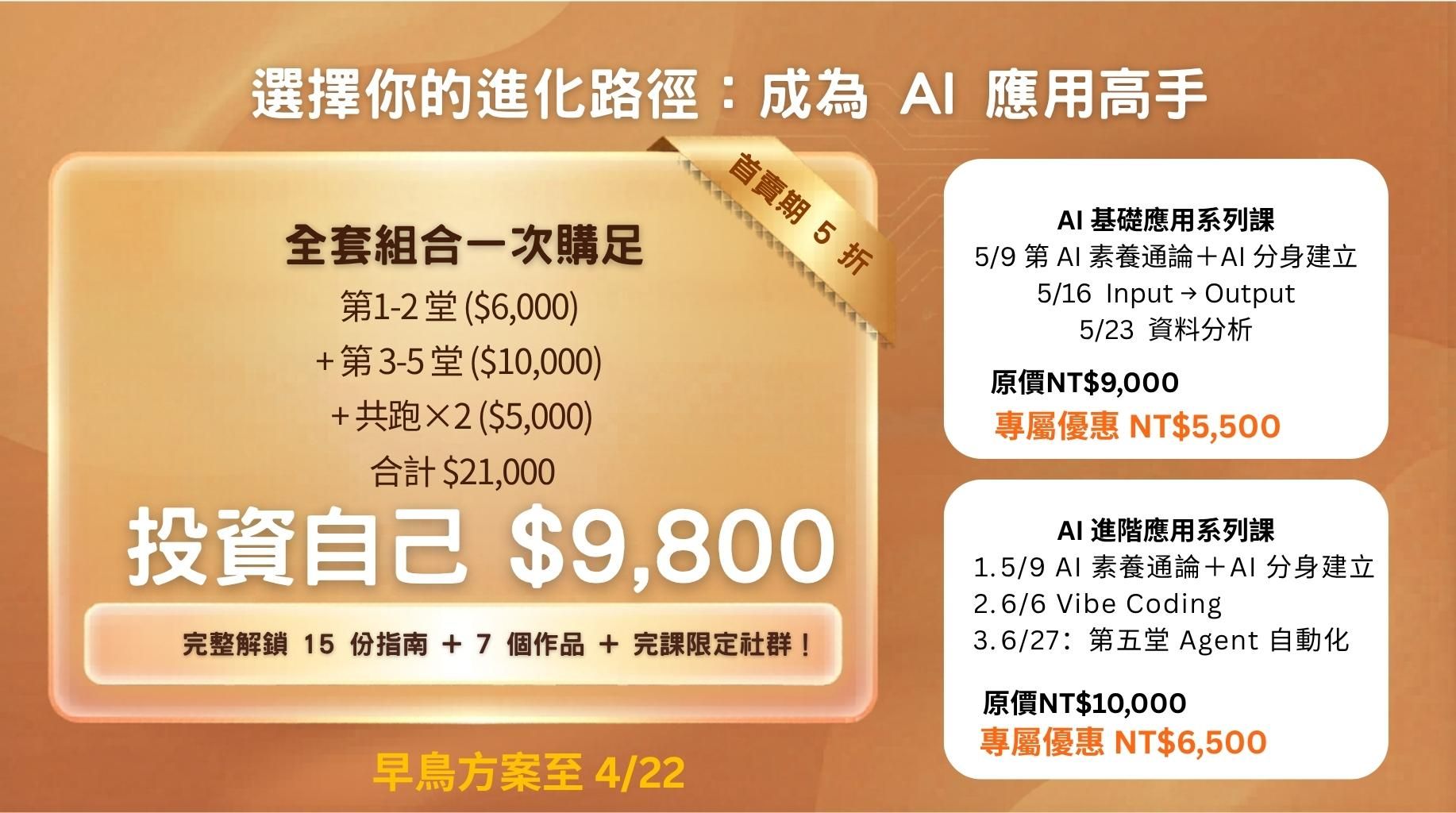 實體課程｜從 AI 小白到 AI 高手｜職場 AI 應用實戰課程與工作坊（5 堂實作課＋2 堂共跑工作坊）
這系列課程將為你建立使用 AI 工具的底層邏輯。每堂課帶走一個即用作品，完課時你將擁有 15 份 Best Practice 指南 × 7 個真實作品 × 1 個同樣在用 AI 改變工作的社群。