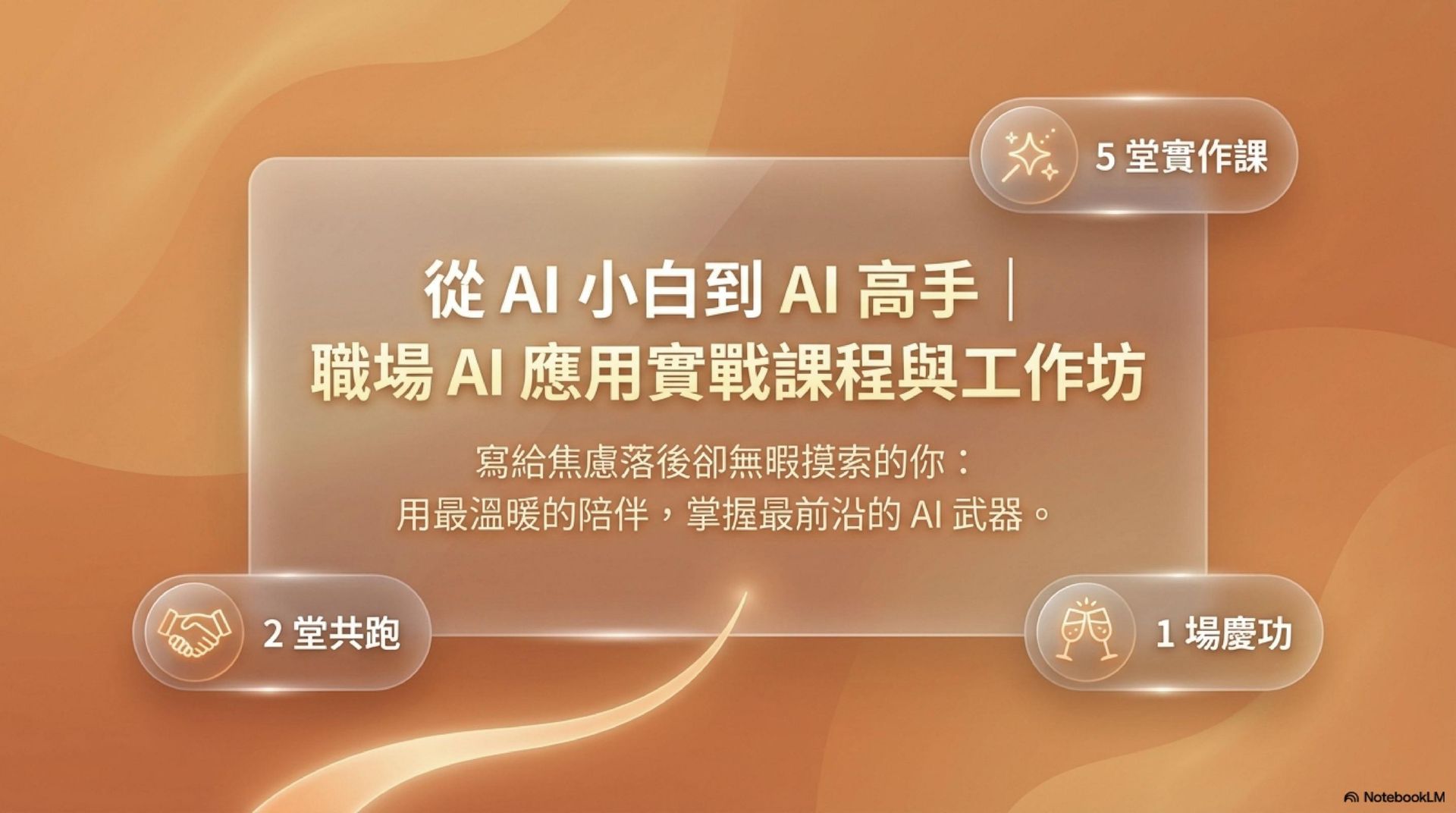 實體課程｜從 AI 小白到 AI 高手｜職場 AI 應用實戰課程與工作坊（5 堂實作課＋2 堂共跑工作坊）
這系列課程將為你建立使用 AI 工具的底層邏輯。每堂課帶走一個即用作品，完課時你將擁有 15 份 Best Practice 指南 × 7 個真實作品 × 1 個同樣在用 AI 改變工作的社群。