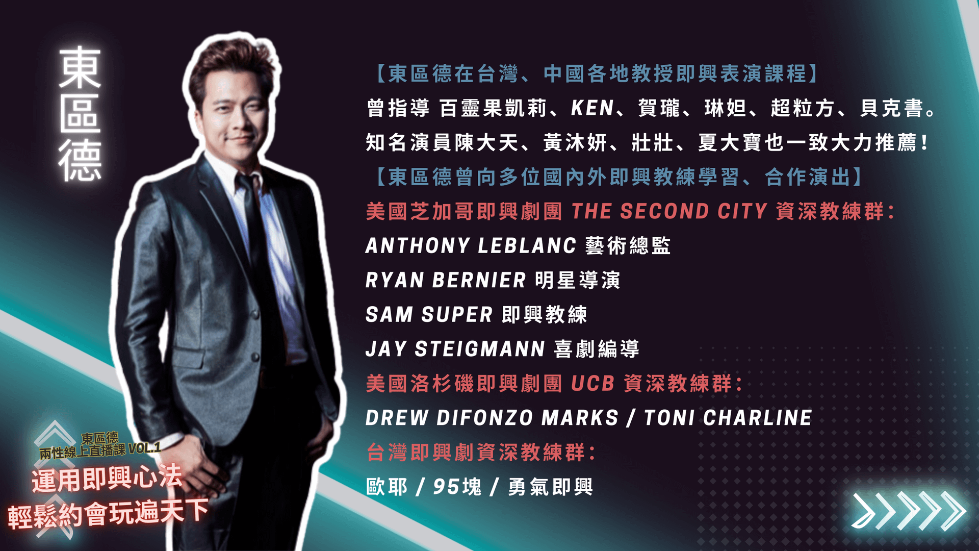 【東區德在台灣、中國各地教授即興表演課程】曾指導 百靈果凱、KEN、賀瓏、琳妲、超粒方、貝克書。 知名演員陳大天、黄沐妍、壯壯、夏大寶也一致大力推薦! 【東區德曾向多位國內外即興教練學習、合作演出】 美國芝加哥即興劇團 THE SECOND CITY 資深教練群: ANTHONY LEBLANC 藝術總監 RYAN BERNIER 明星導演 SAM SUPER 即興教練 JAY STEIGMANN 喜劇編導 美國洛杉磯即興劇團 UCB 資深教練群: DREW DIFONZO MARKS / TONI CHARLINE 台灣即興劇資深教練群: 歐耶/95塊 / 勇氣即興 •11年即興劇演出、教學經驗 •14年脫口秀演出經驗 • 11年舞台劇編導演出經驗 • 11年影視廣告演出經驗 • 中國最大劇團開心麻花 簽約演員 • 開心麻花 專任即興教練 •開心麻花 即興演員 •北京42娛樂 專任即興教練 •北京42娛樂 SKETCH SHOW 白日夢太奇 編導 •(於北京、天津、煙台、青島、西安、上海、廣州巡演)東區德全球首創即興表演結合把妹課程宣傳圖:教你活在當下,建立深刻連結與強大吸引力