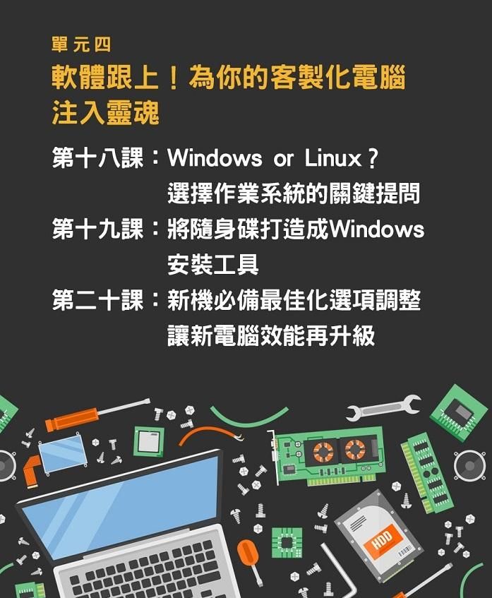 單元四：軟體跟上！為你的客製化電腦注入靈魂 　第十八課：Windows or Linux？選擇作業系統的關鍵提問 　第十九課：將隨身碟打造成Windows安裝工具 　第二十課：新機必備最佳化選項調整，讓新電腦效能再升級