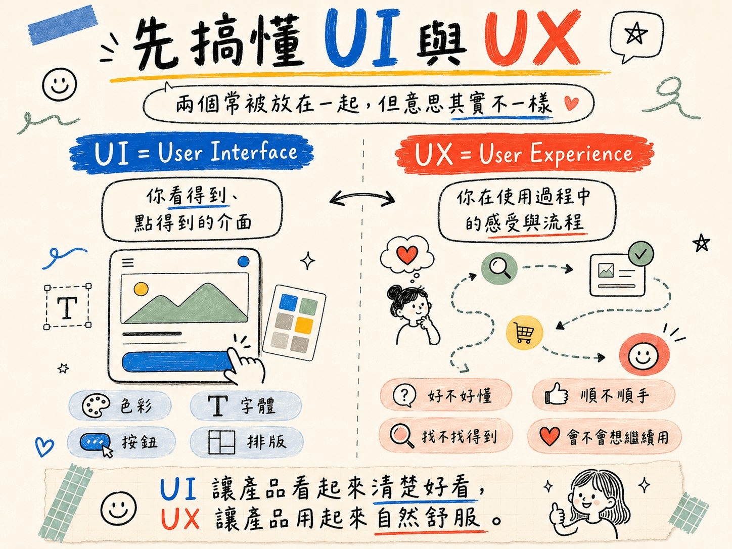 先搞懂 UI 與 UX 對照圖：UI 是 User Interface 你看得到、點得到的介面，包含色彩、字體、按鈕、排版；UX 是 User Experience 你在使用過程中的感受與流程，包含好不好懂、順不順手、找不找得到、會不會想繼續用