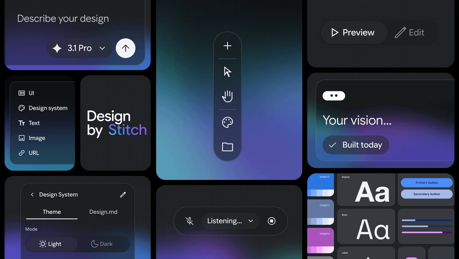 Google Stitch 2.0 介面拼貼，展示 Vibe Design 模式的描述輸入框、設計系統面板、語音輸入與互動 prototype