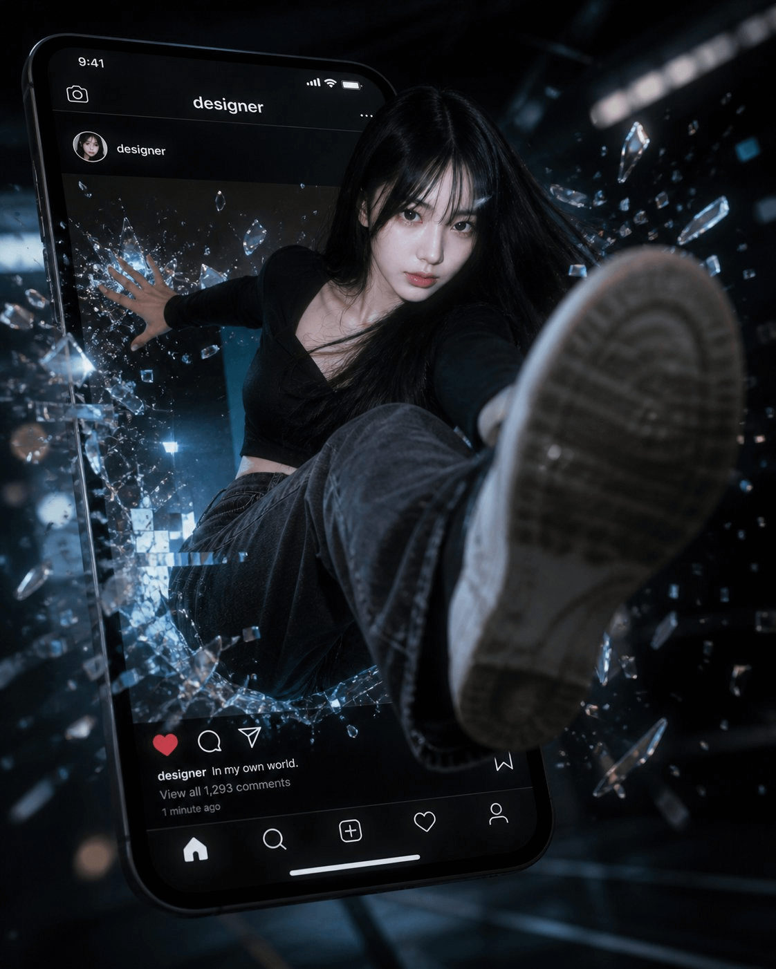 ChatGPT Image 2 cinematic 主視覺 prompt 範例 — 黑髮女生 designer 帳號從 Instagram 介面破屏而出、玻璃碎片飛濺、暗色都市場域、運動鞋夸張前伸 3D 透視