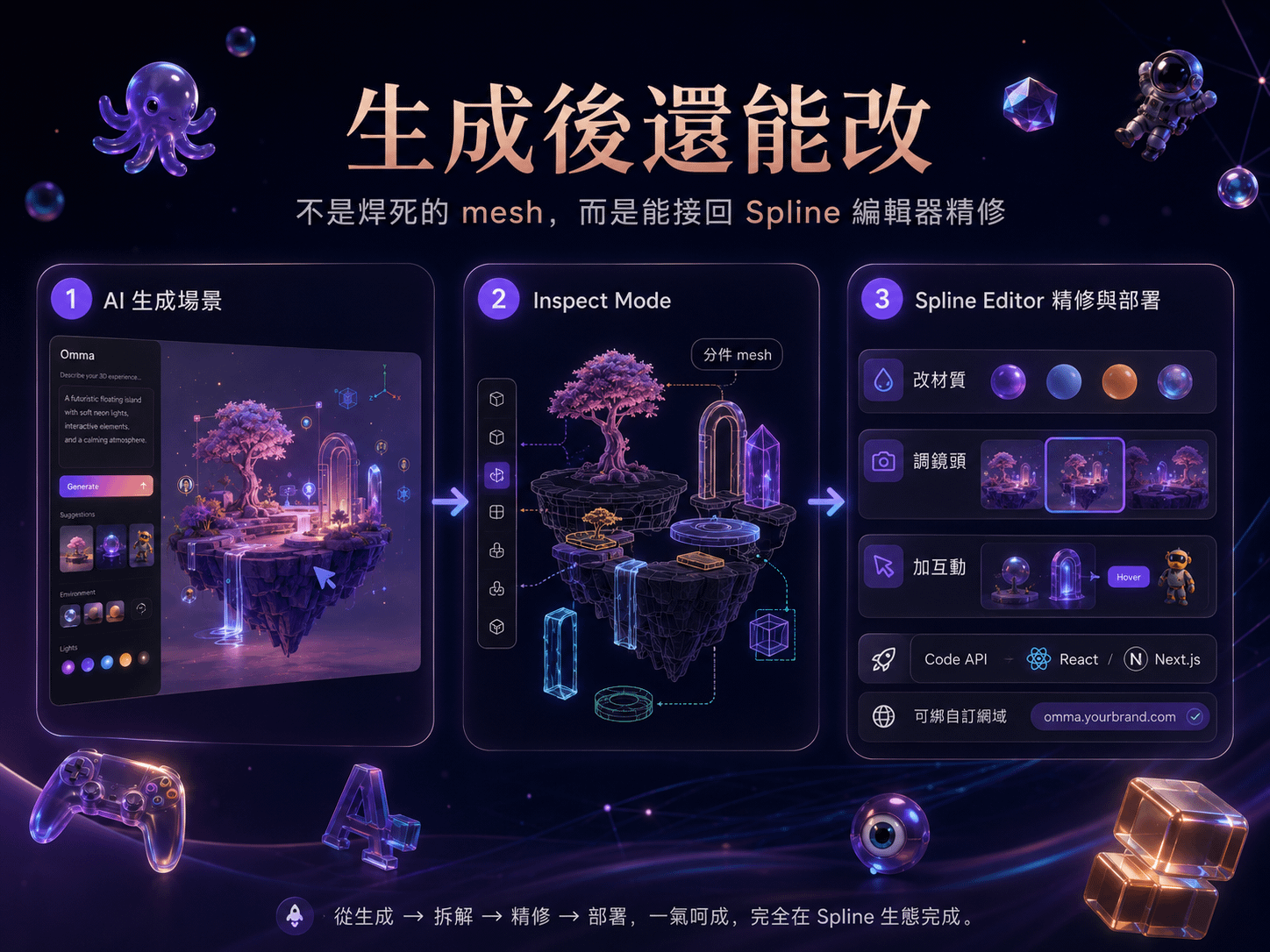 Omma 生成後編輯流程三步驟：AI 生成場景、Inspect Mode 檢視分件 mesh、進 Spline Editor 改材質調鏡頭加互動並部署
