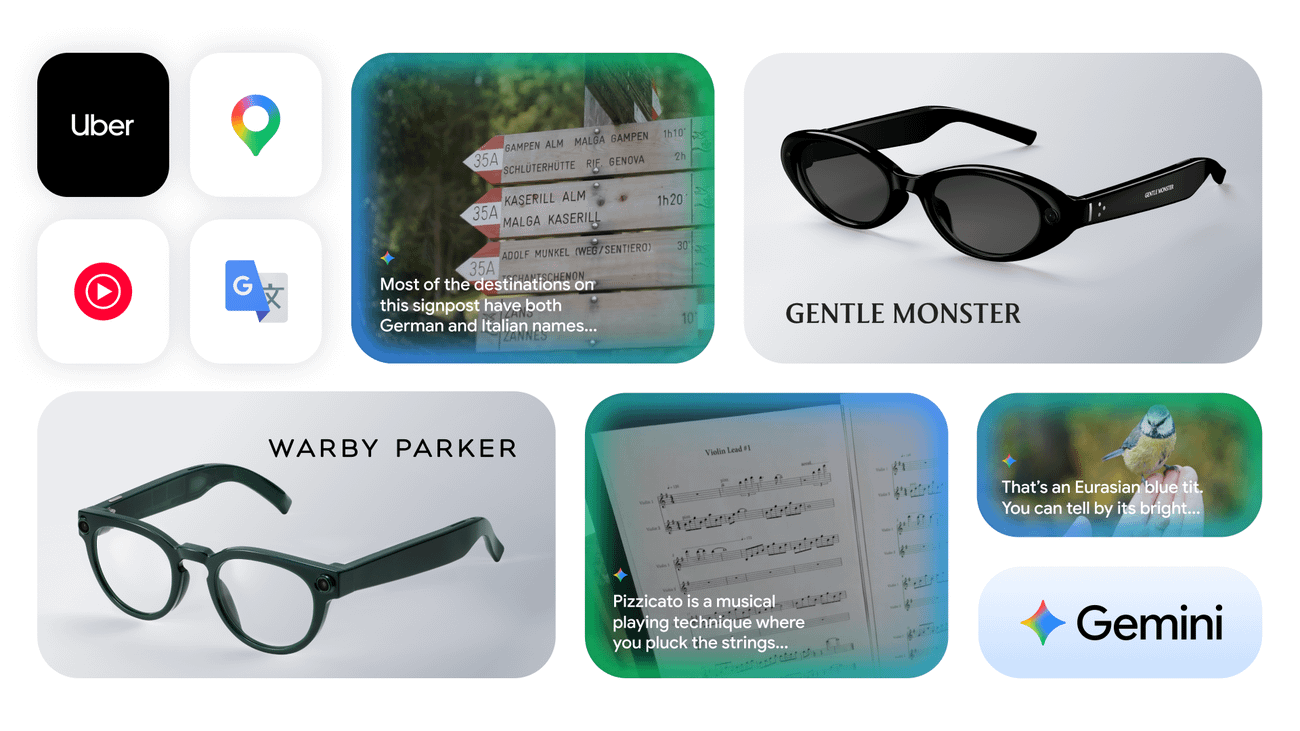Android XR 智慧眼鏡官方主視覺,包含 Gentle Monster 跟 Warby Parker 兩款眼鏡實體照,以及 Gemini 在眼鏡上顯示地圖導航、即時翻譯、辨識鳥類、識別樂譜等使用情境