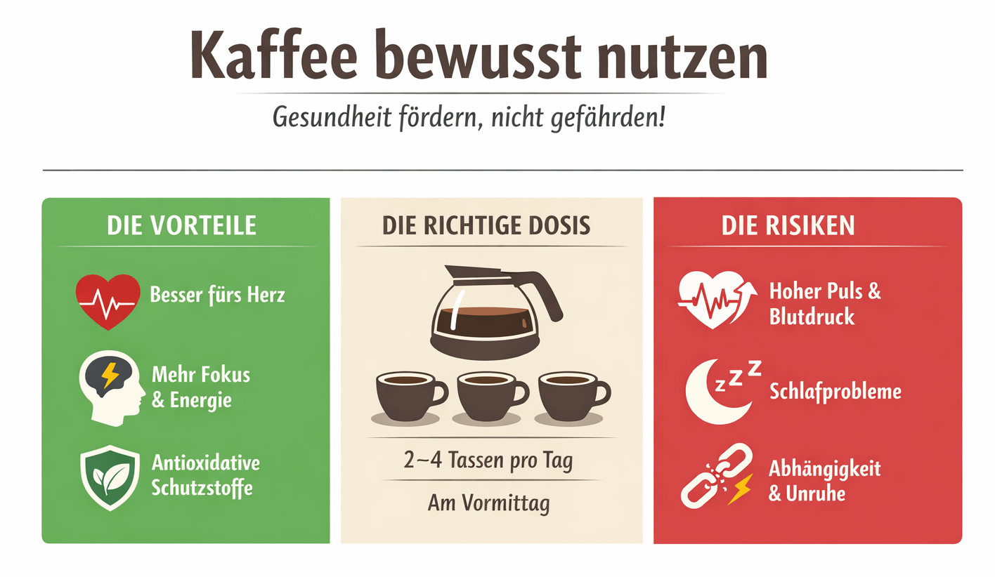 Infografik mit dem Titel „Kaffee bewusst nutzen – Gesundheit fördern, nicht gefährden“. Die Grafik ist in drei farblich getrennte Bereiche gegliedert. Links (grün) werden mögliche Vorteile von Kaffee dargestellt: eine Assoziation mit geringerer Herz-Kreislauf-Belastung, gesteigerte Wachheit und Konzentration sowie enthaltene antioxidative Schutzstoffe. In der Mitte (beige) wird die empfohlene Menge gezeigt: 2–4 Tassen Kaffee pro Tag, entsprechend etwa 75–100 Milligramm Koffein pro Tasse, vorzugsweise am Vormittag. Rechts (rot) werden mögliche Risiken dargestellt: vorübergehend erhöhter Puls und Blutdruck, Beeinträchtigung des Schlafs sowie Gewöhnung und mögliche Unruhe bei empfindlichen Personen.