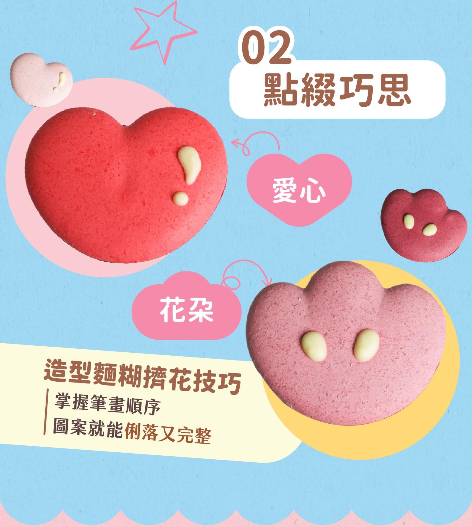 富有點綴巧思的餅殼：愛心餅殼與花朵餅殼