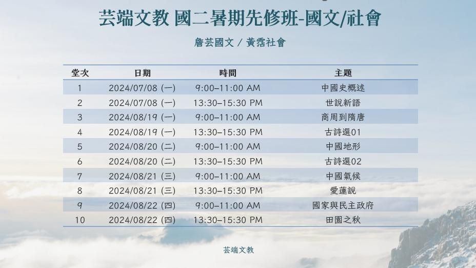 國二上學期先修課程 《國文、社會》