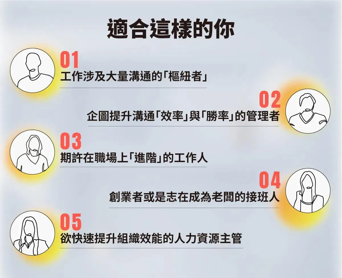 適合溝通樞紐者、想提升溝通效率的管理者、職場進階工作人、創業接班人與人資主管