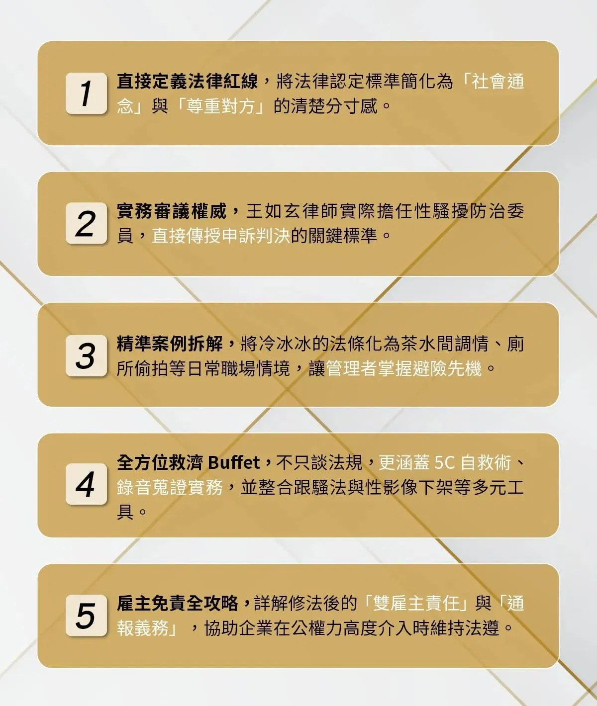 五大課程重點:直接定義法律紅線、王如玄律師實際擔任性騷擾防治委員的實務審議權威、精準拆解茶水間調情廁所偷拍等案例、涵蓋 5C 自救術與跟騷法的全方位救濟,以及雙雇主責任與通報義務的雇主免責攻略