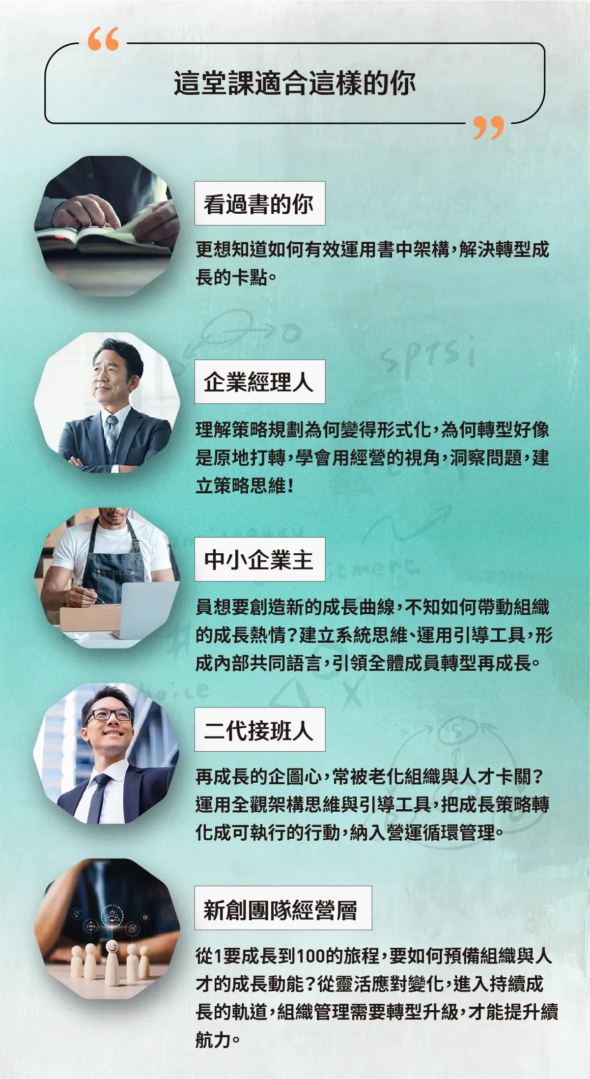 適合看過書的你、企業經理人、中小企業主、二代接班人與新創團隊經營層