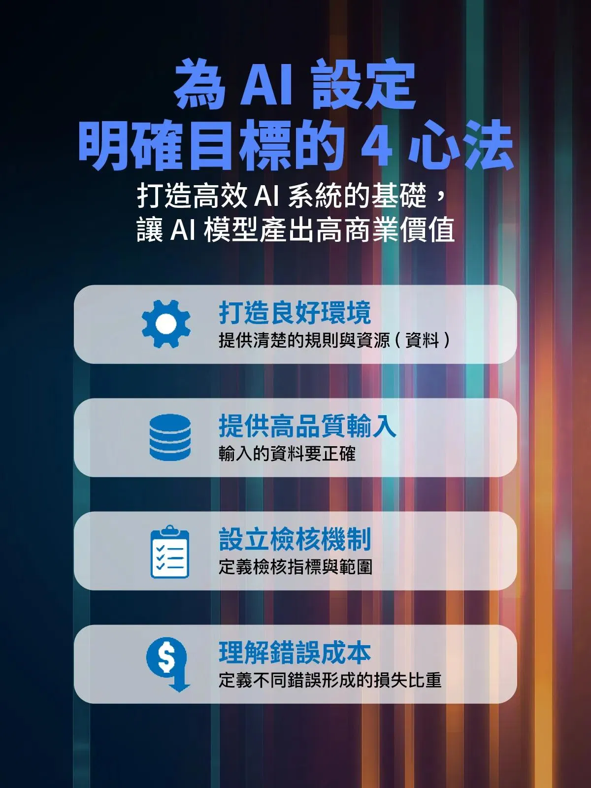 為AI設定明確目標的4心法:打造良好環境、提供高品質輸入、設立檢核機制、理解錯誤成本
