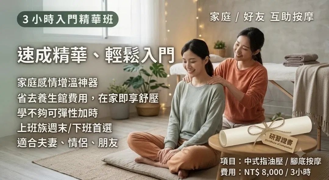 3小時精華按摩速成班 一對一教學 快速學會紓壓技巧！可攝影紀錄 學完反覆觀看!(實體課程)