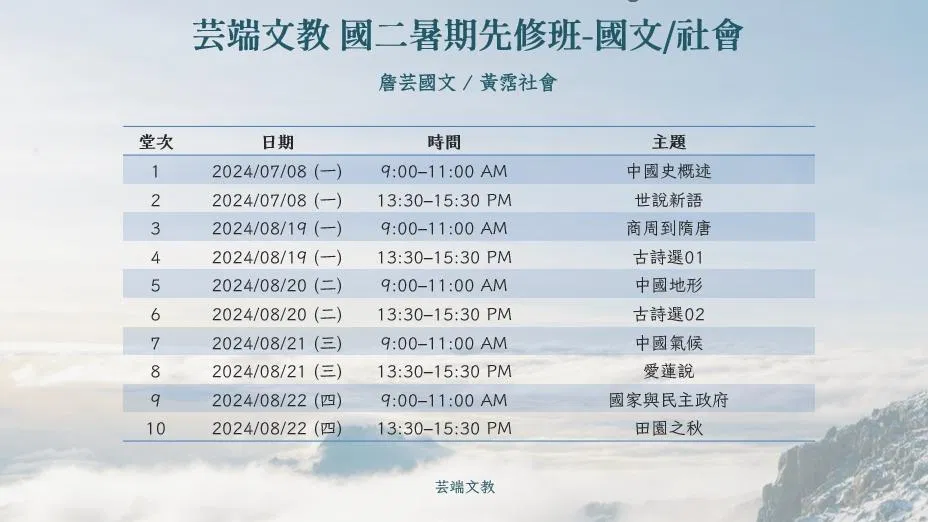國二上學期先修課程 《國文、社會》