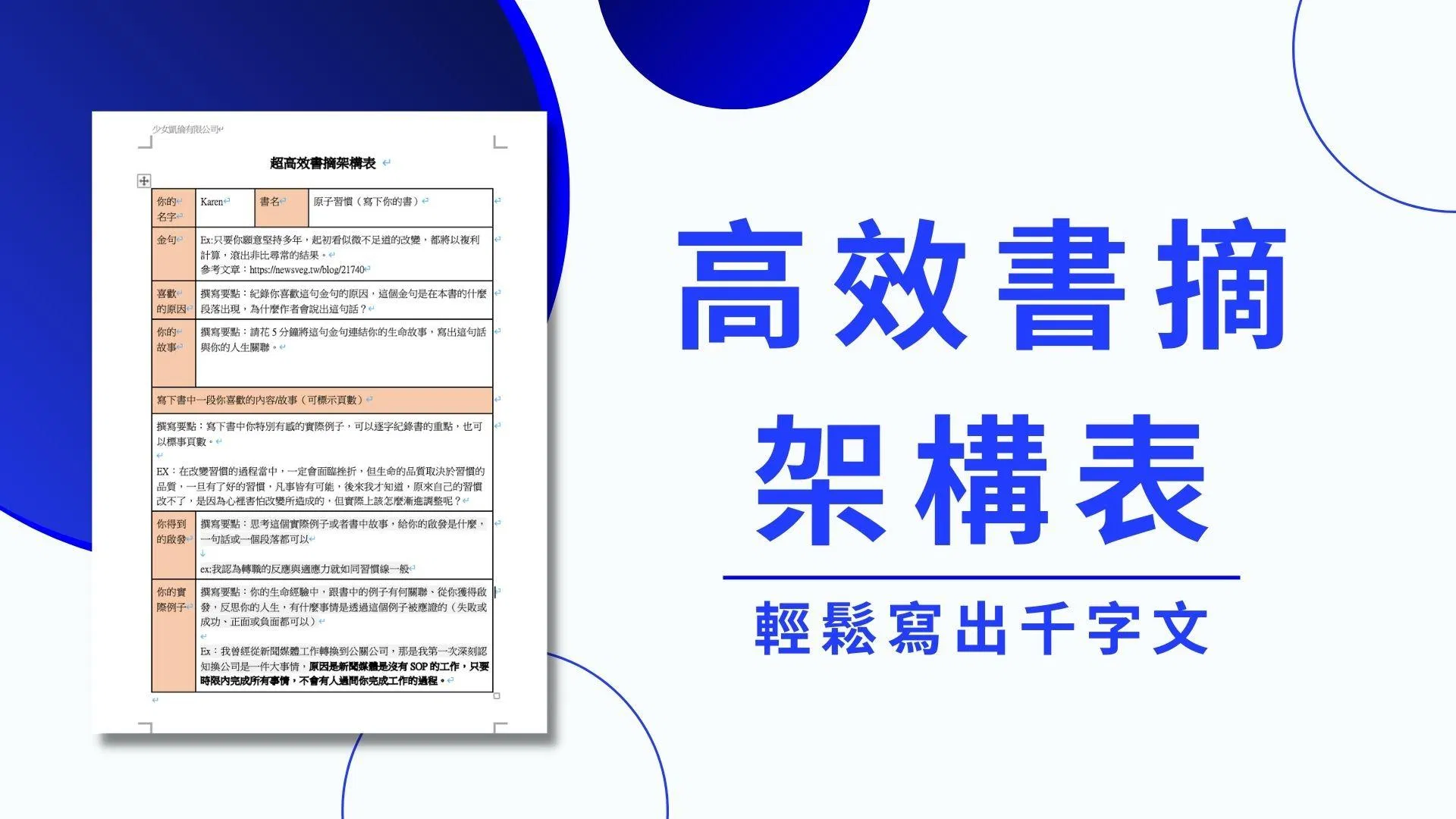 超高效書摘寫作架構表