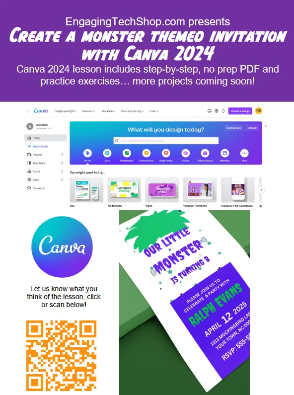Canva 2024 Project - Monster Themed  Invitation PDF Lesson