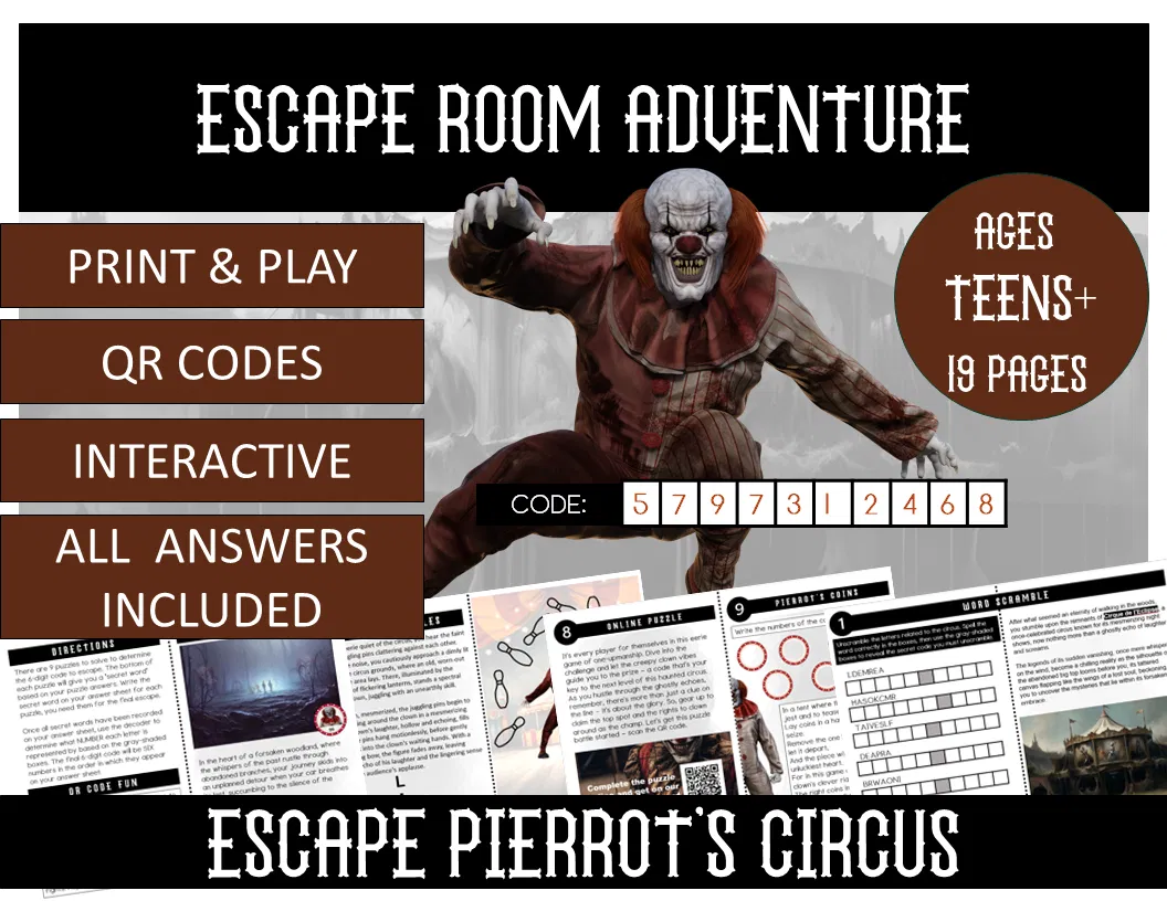 Escape Pierrot's Circus printable escape room for teens| Halloween, Party Game, Puzzles, Game Party, Holiday Fun Activity, Horror game 