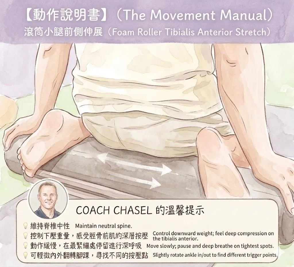 【動作說明書】滾筒小腿前側伸展：修復久站職人的足踝僵硬危機