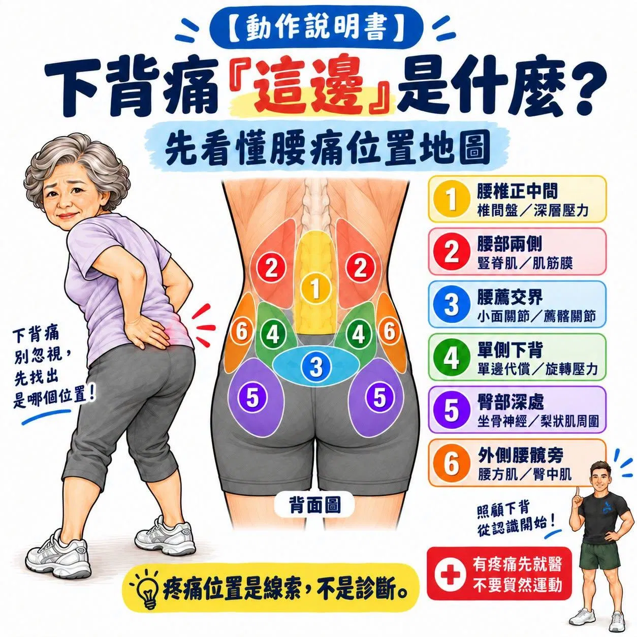 【動作說明書】下背痛「這邊」到底是什麼問題？先學會看懂腰痛的位置地圖