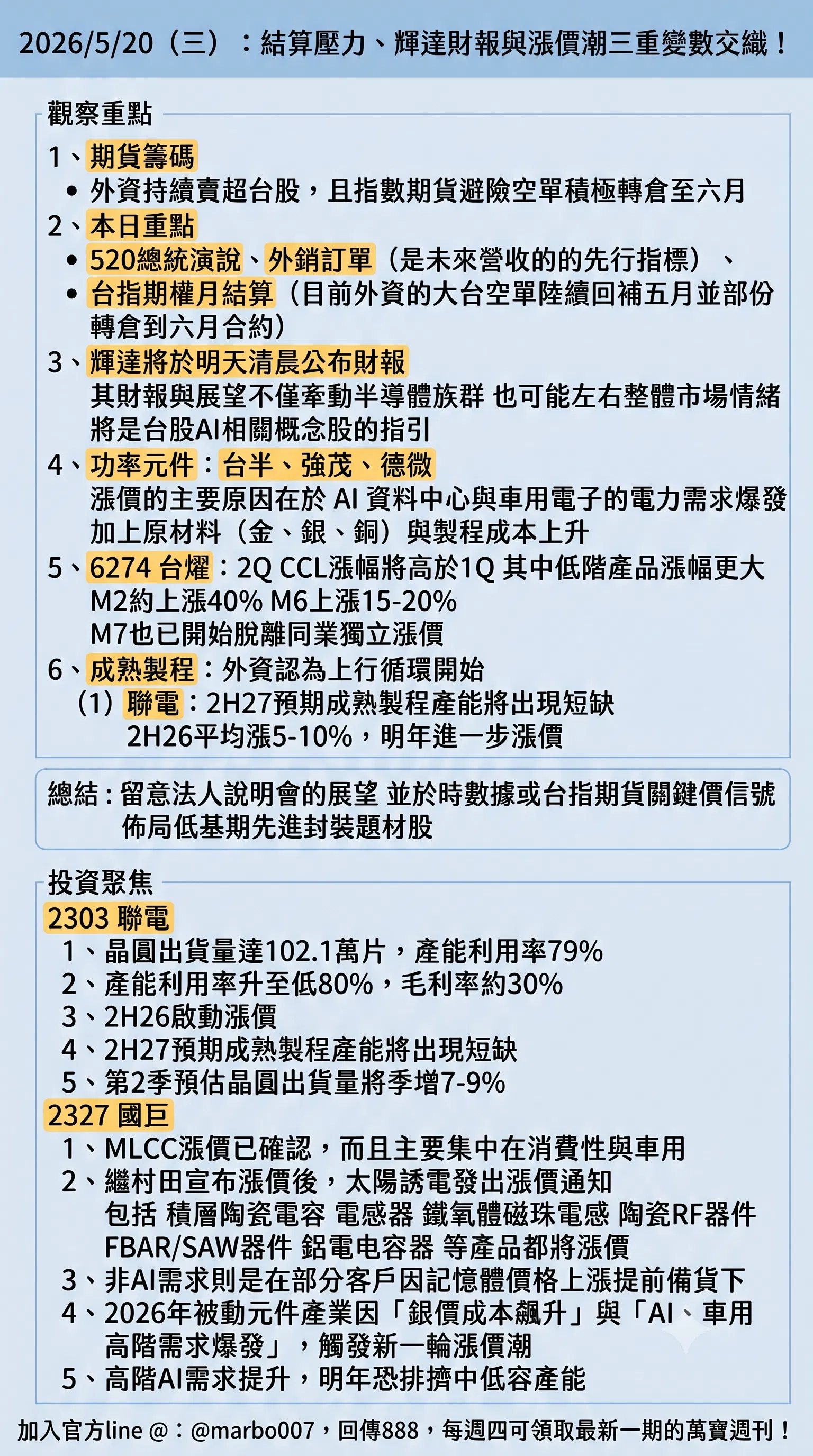 2026/5/20 (三)：結算壓力、輝達財報與漲價潮三重變數交織！
