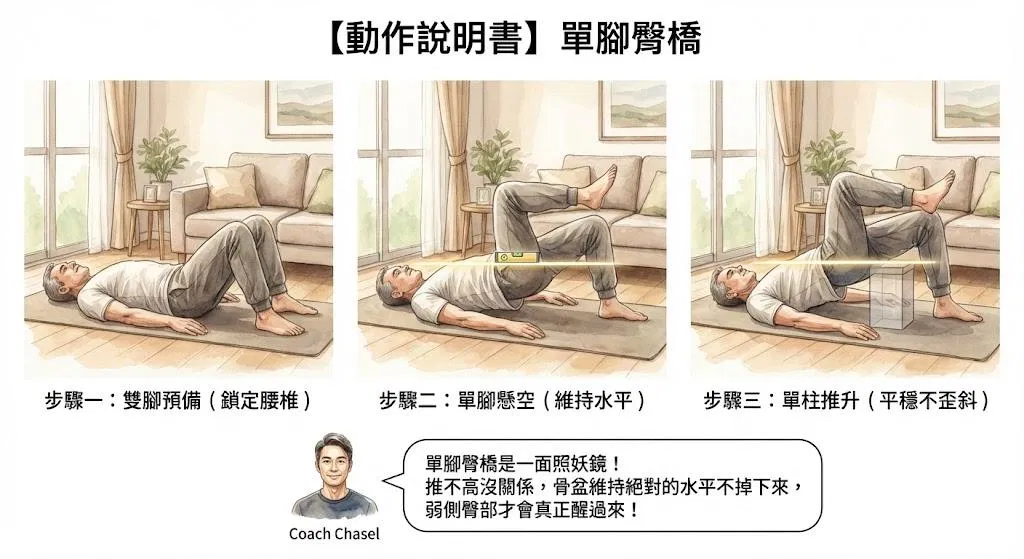 【動作說明書】單腳臀橋：揪出弱勢側，打造穩固的單柱橋墩