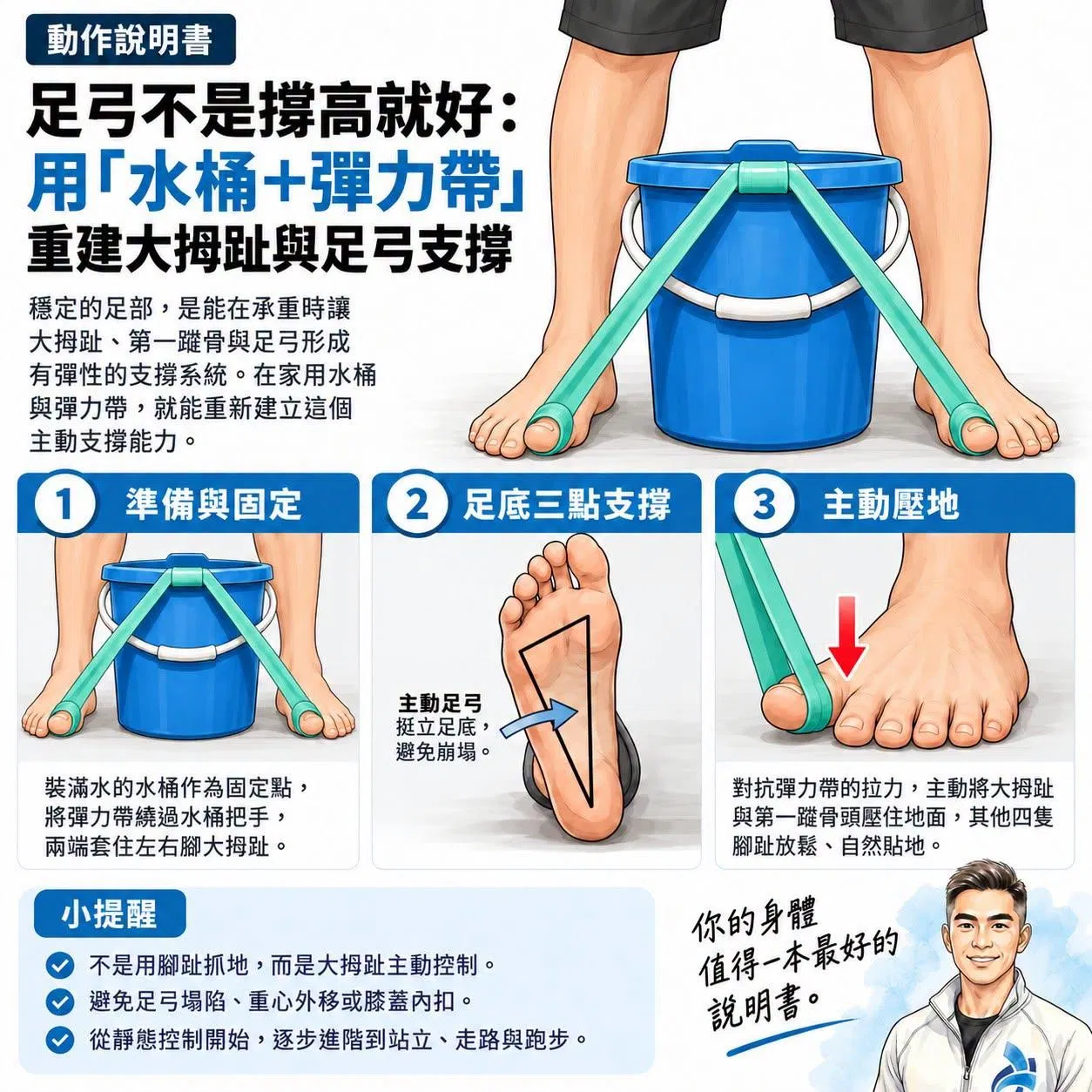 【動作說明書】足弓不是撐高就好：用「水桶＋彈力帶」重建大拇趾與足弓支撐