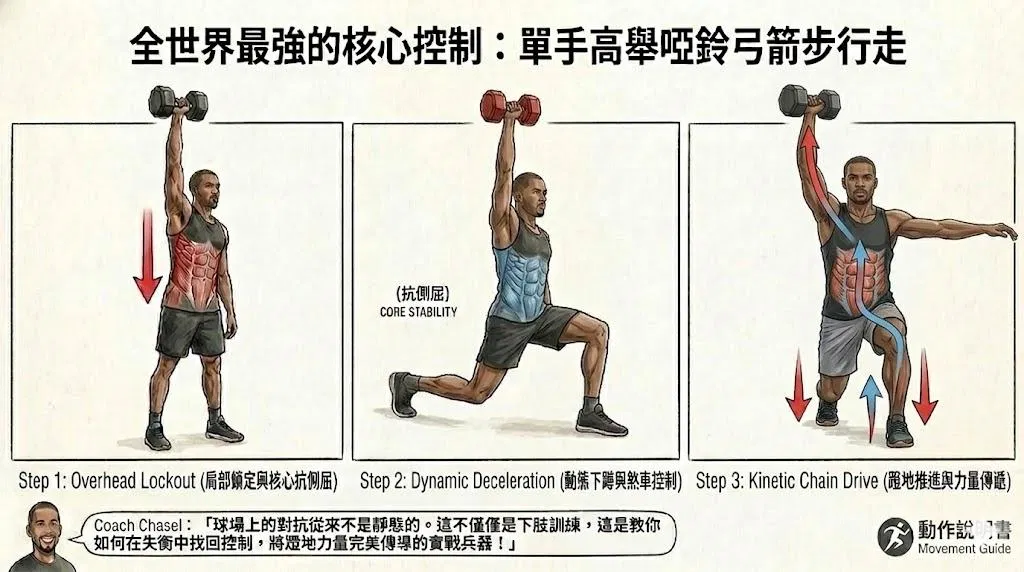 動作說明書：單手高舉啞鈴弓箭步行走