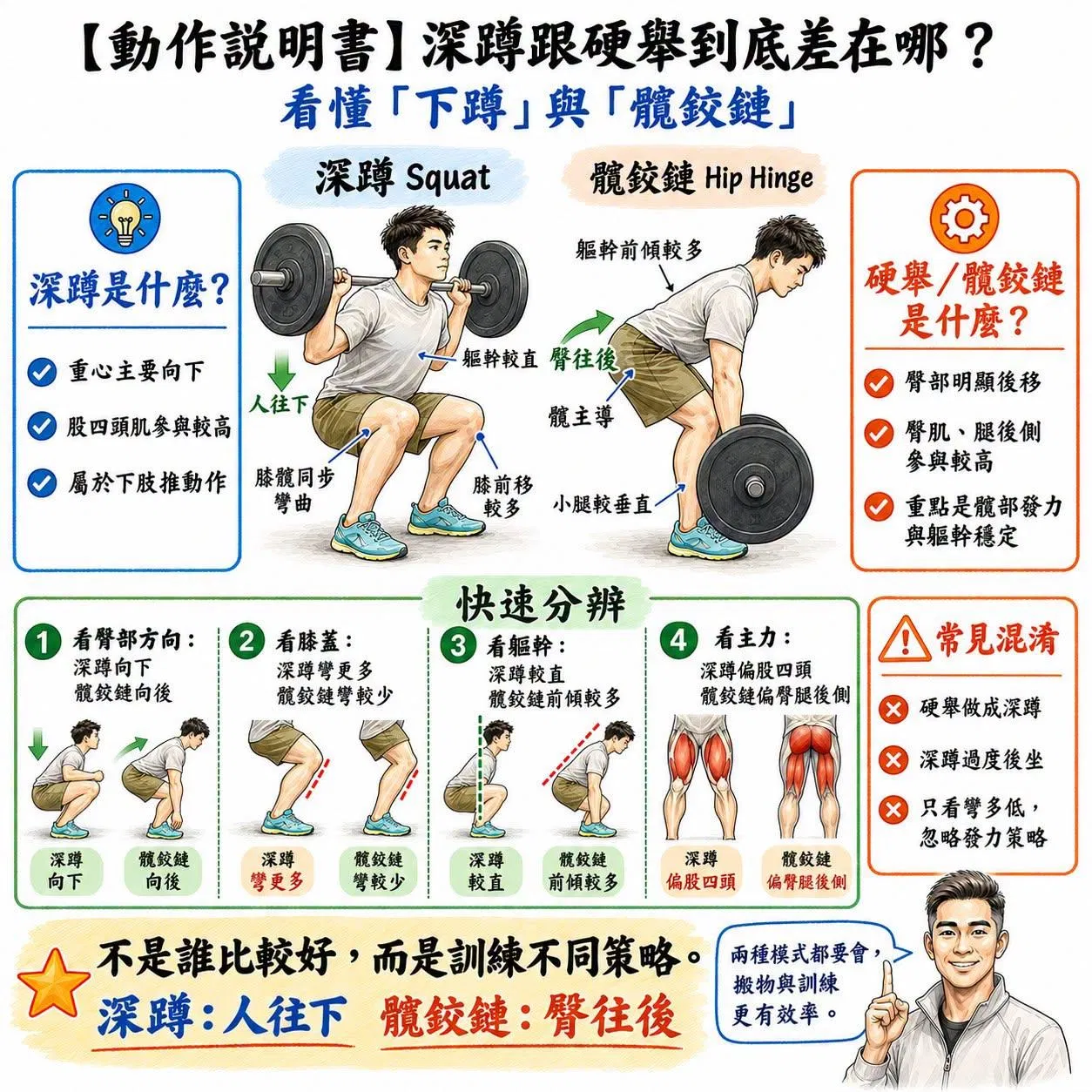 【動作說明書】深蹲跟硬舉到底差在哪？看懂「下蹲」與「髖鉸鏈」