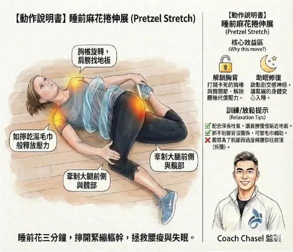 睡前麻花捲伸展：擰開緊繃軀幹，拯救腰痠與失眠