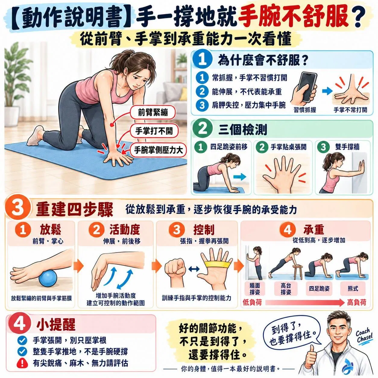 【動作說明書】手一撐地就手腕不舒服？從前臂、手掌到承重能力一次看懂