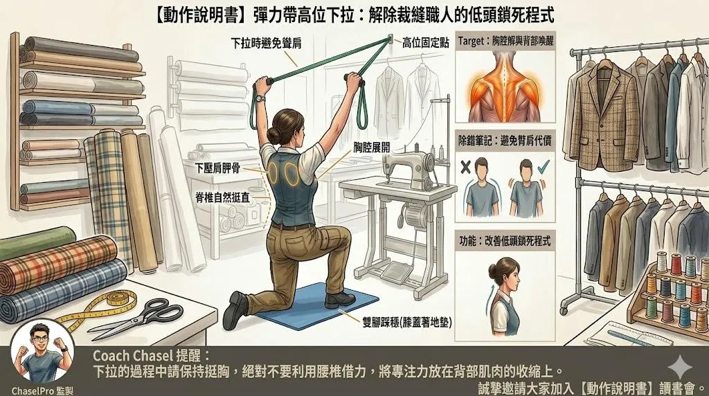 【動作說明書】彈力帶高位下拉：解除裁縫職人的低頭鎖死程式